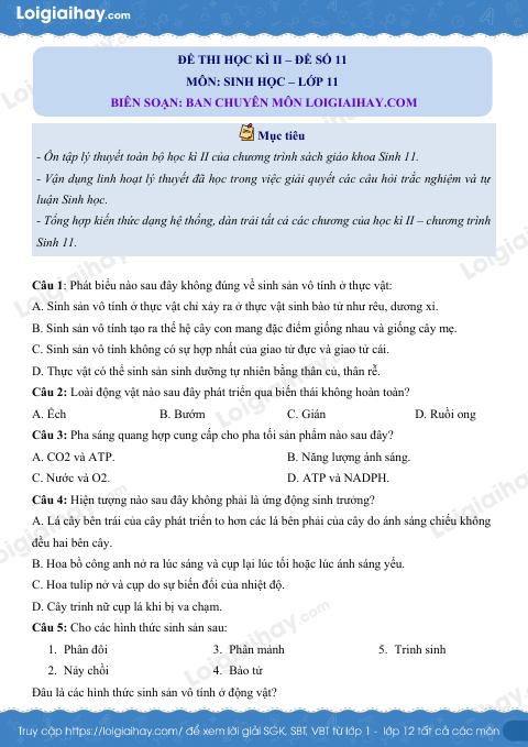 Đề số 11 – Đề kiểm tra học kì 2 – Sinh 11